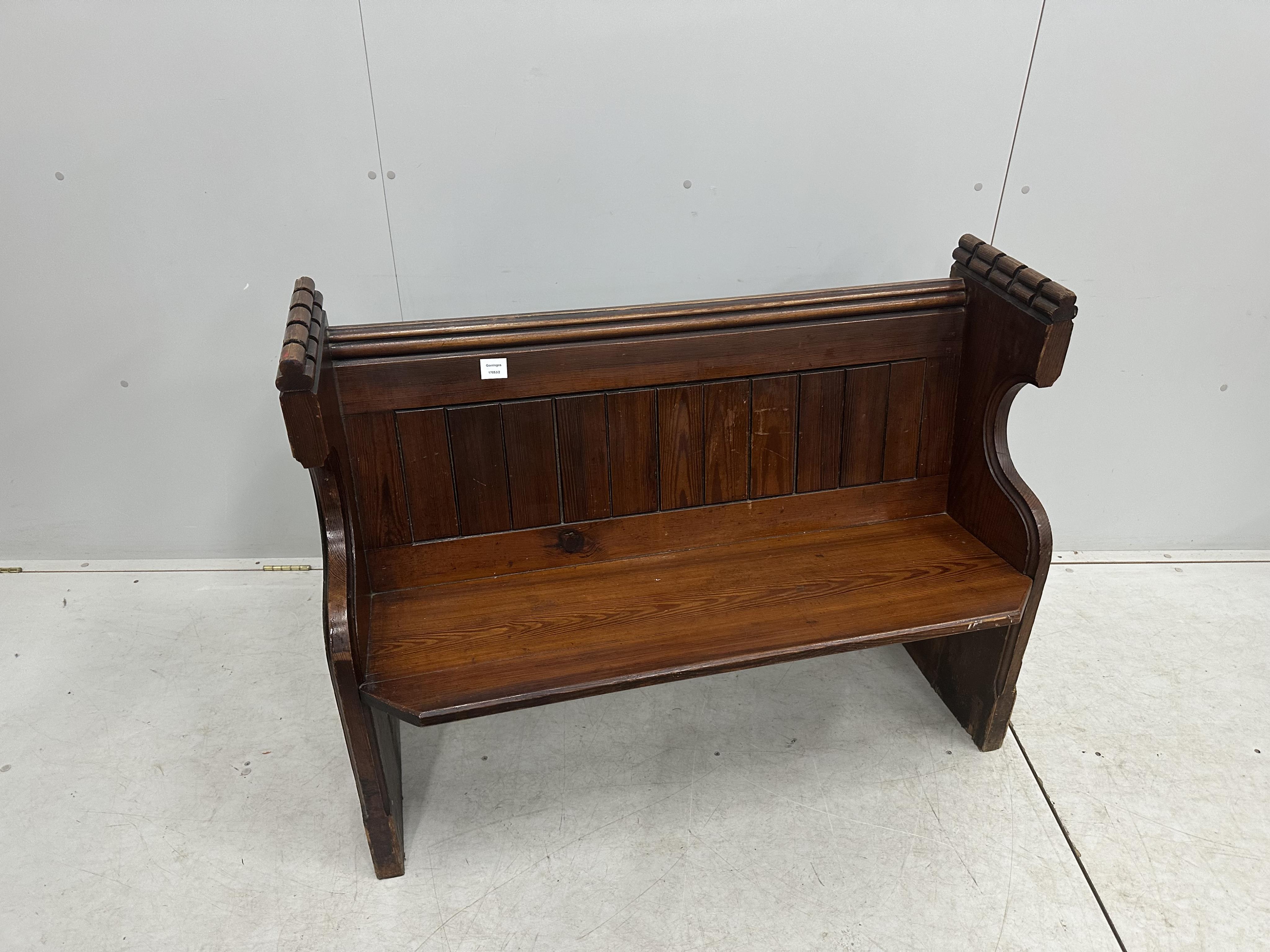 A Victorian pitch pine pew, width 113cm, depth 45cm, height 87cm. Condition - fair